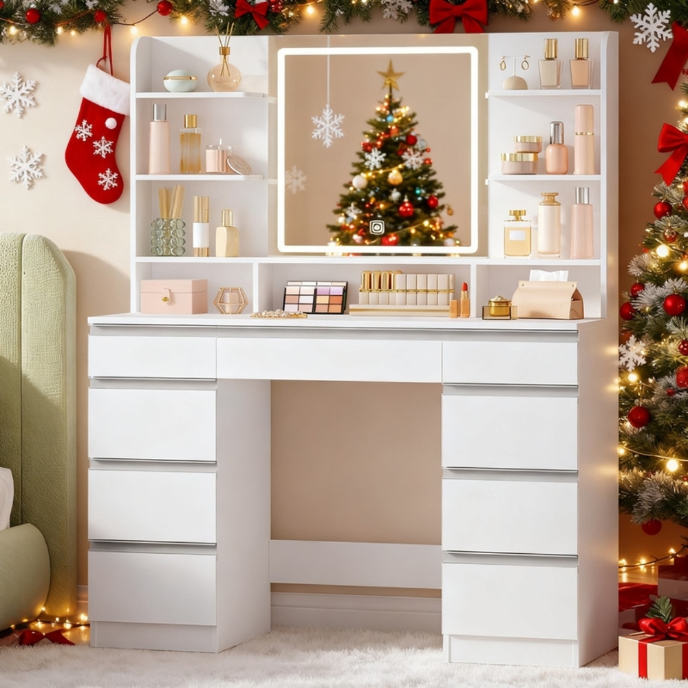 Große Schminktisch mit LED-Beleuchtung, 3 Farben, Helligkeitsregulierung, Schminktisch mit Spiegel, 9 Schubladen, 9 offenen Ablagen, Moderner Stil, Weiß-Silber Bild 1
