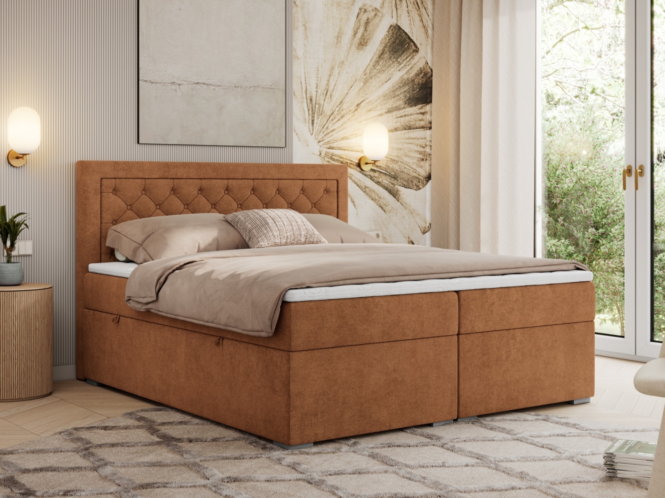 Boxspringbett, Modern Bett mit Multipocket-Matratze und zwei Bettkästen - JASIR - 120 x 200 cm - Orange Stoff - H4 Bild 1