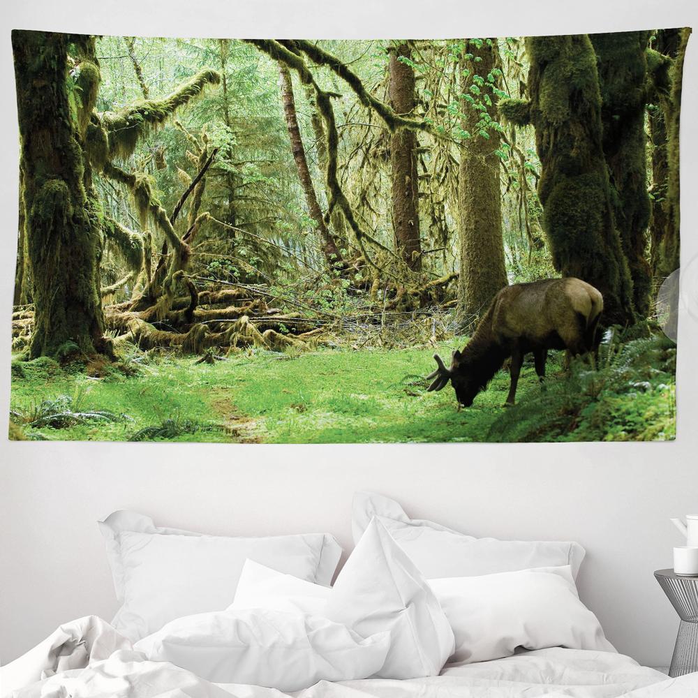 ABAKUHAUS Wald Wandteppich und Tagesdecke, Roosevelt Elk in Park aus Weiches Mikrofaser Stoff Waschbar ohne Verblassen Digitaldruck, 230 x 140 cm, Waldgrün Braun Bild 1