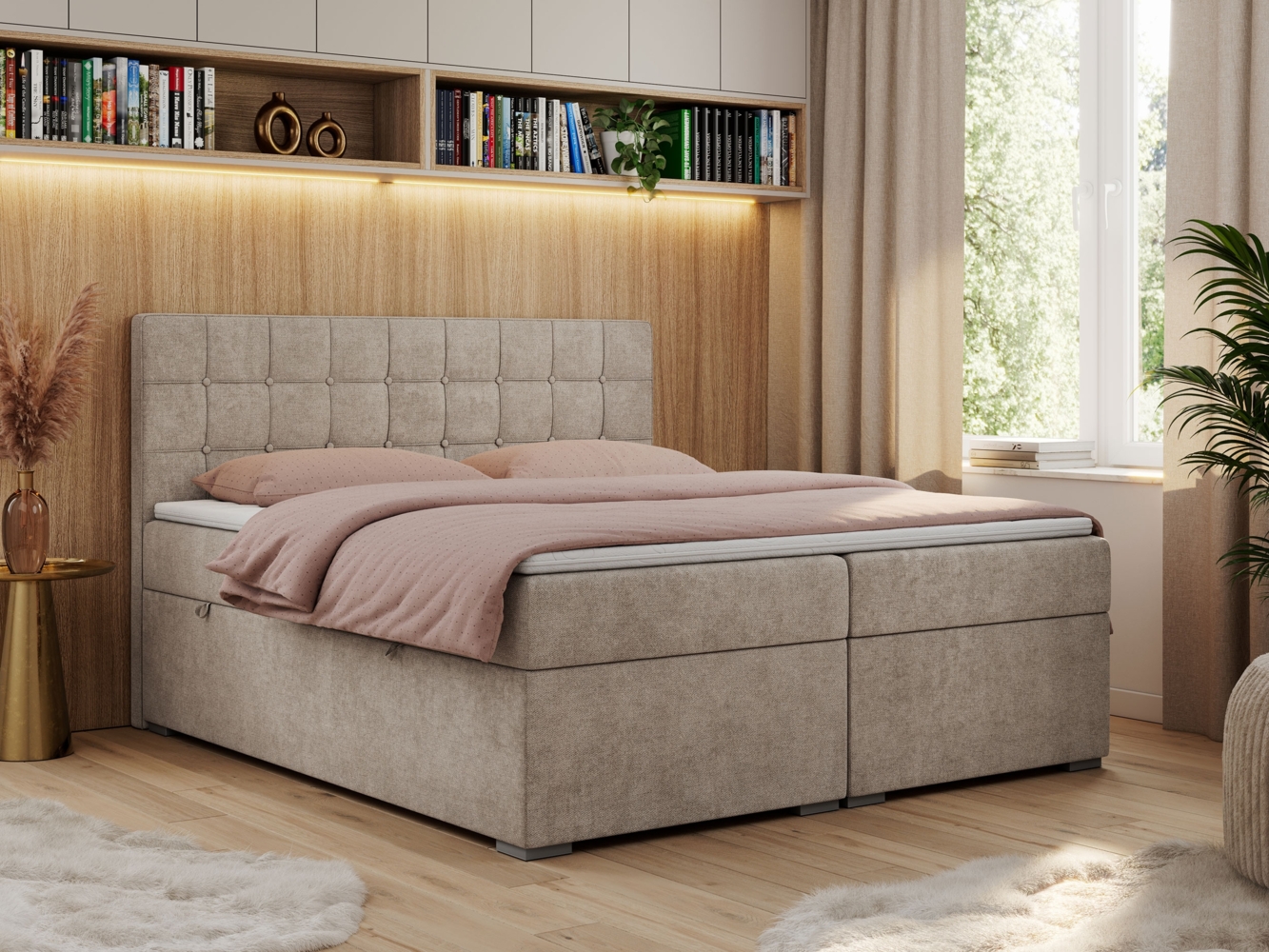 Boxspringbett, Doppelbett, Polsterbett mit Kopfstütze - CARMEN - 160x200cm - Beige Stoff - H3 Bild 1