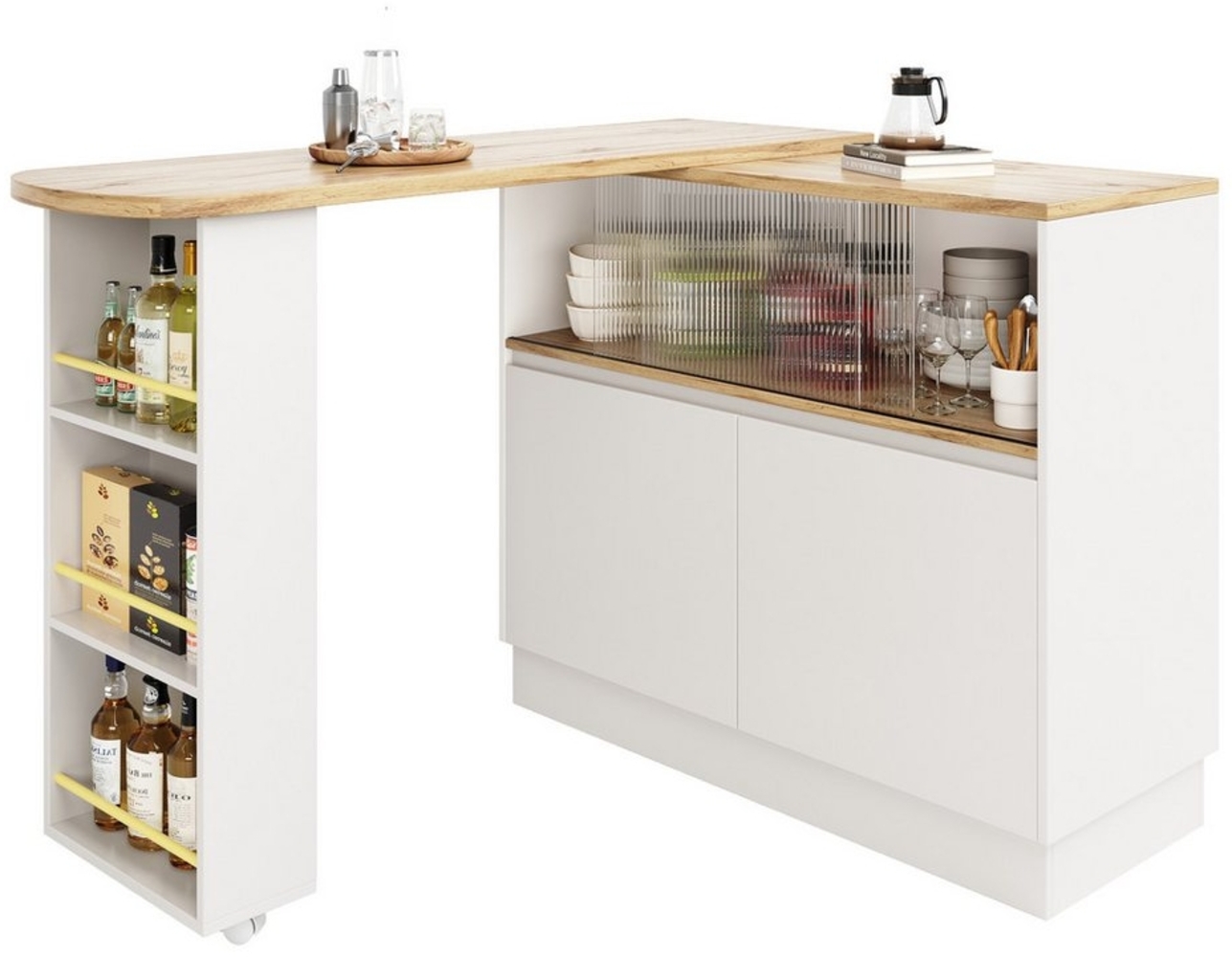 MODFU Bartisch 360° drehbare Essbar (ausziehbar Esstisch mit Sideboard, 2 Glasschiebetür, 2 Scharniertüren), mit Ablageflächen, geeignet für Küchen und Esszimmer Bild 1