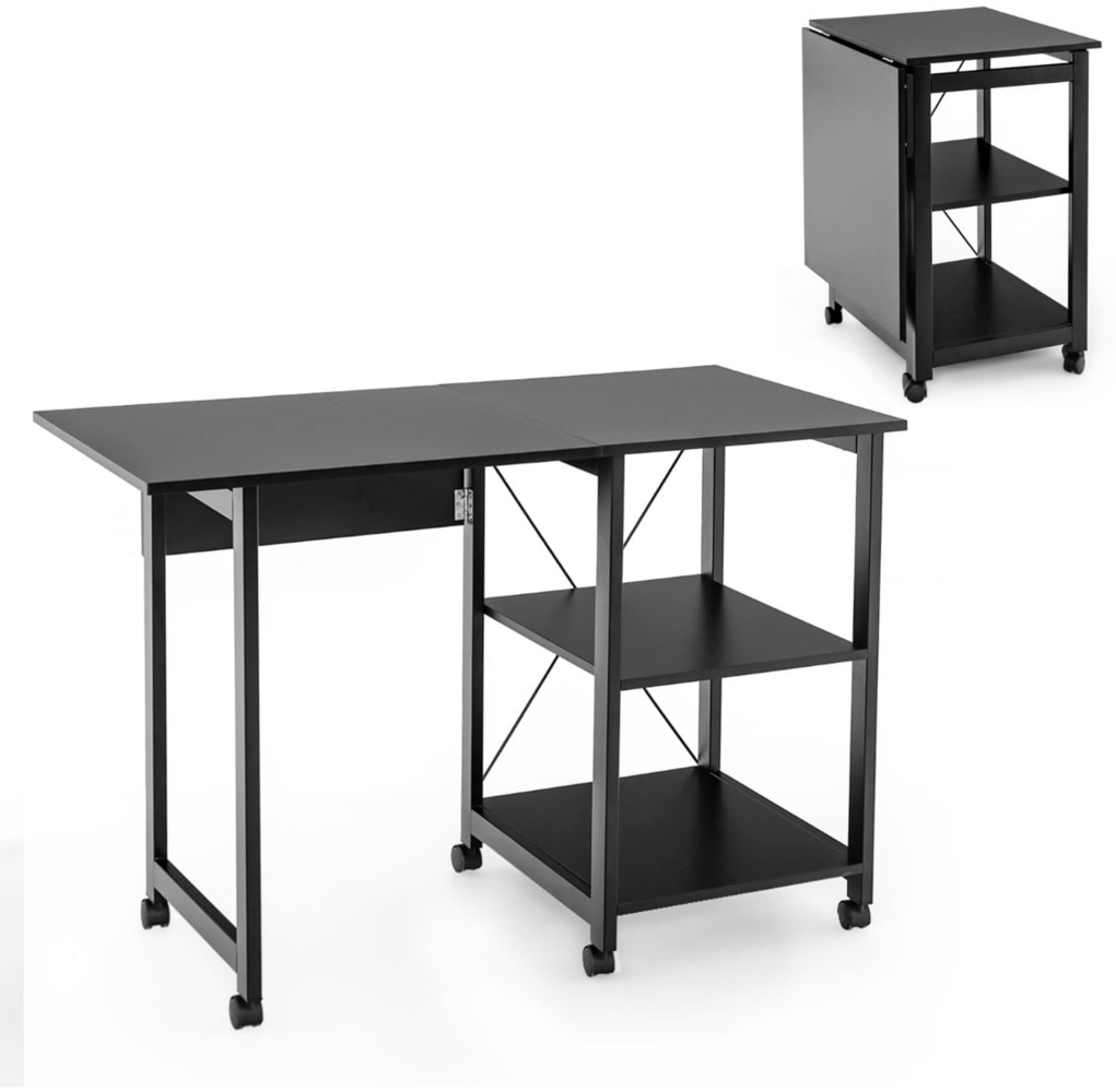 Klappbarer Computertisch mit 2-stufigen Ablagefächern & 6 Rädern Moderner Schreibtisch Schwarz Bild 1