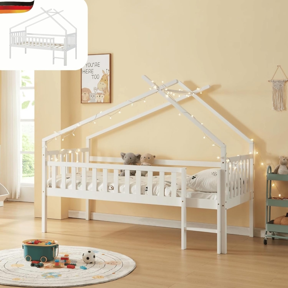 DELUKE® Kinderbett 90x200 SIUN - mit Lattenrost Rausfallschutz Haus-Optik Kiefernholz Einzelbett aus Holz Hausbett Kinderzimmer Montessori Bett Weiß Bild 1