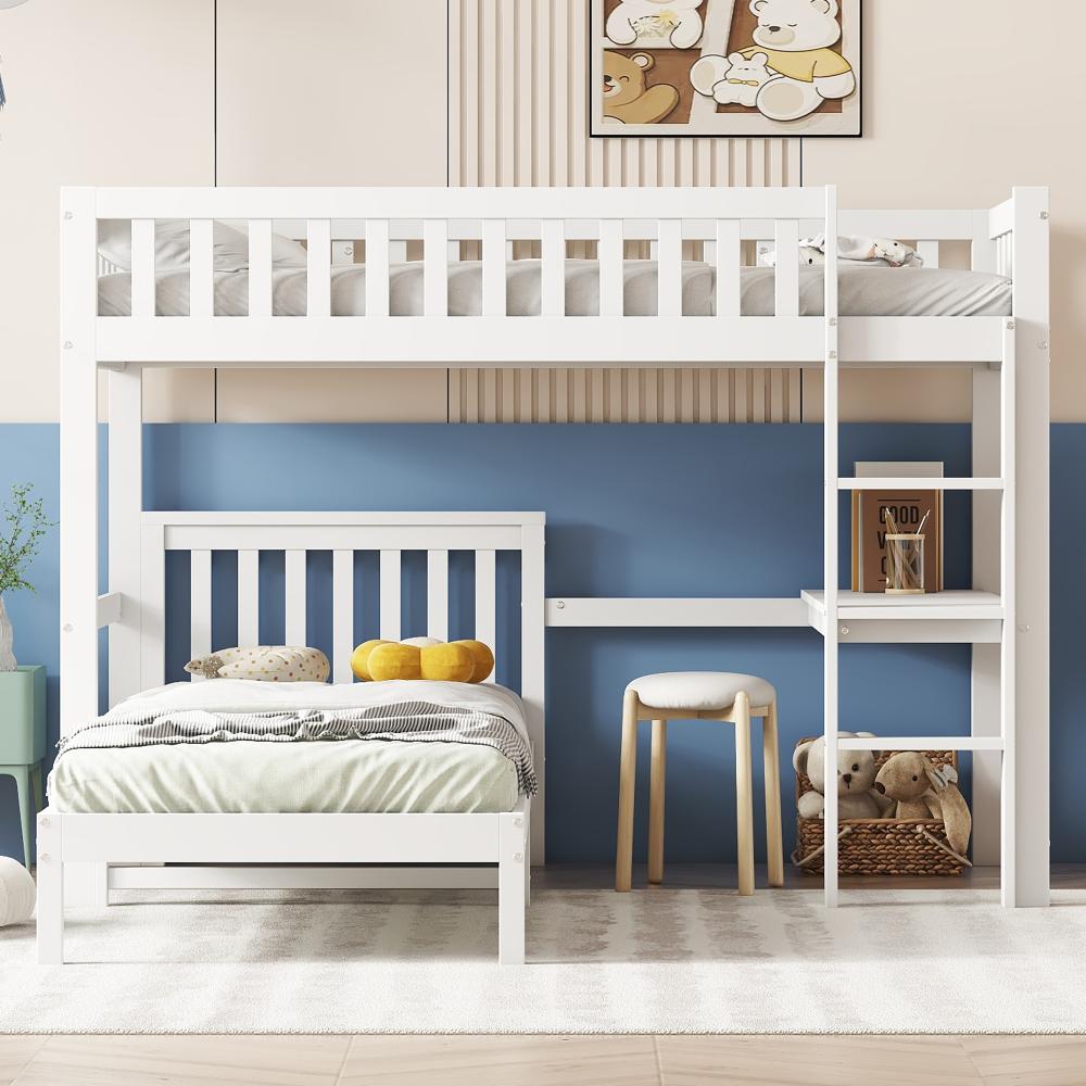 Merax Etagenbett Massivholzbett Kinderbett 90x200cm mit Schreibtisch und Leiter, Weiß Bild 1