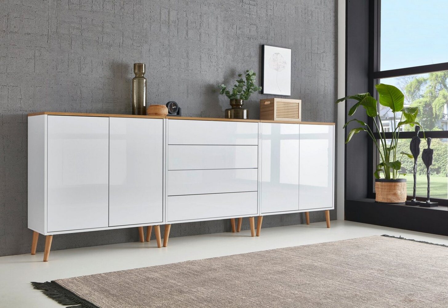 BMG Möbel Sideboard Mailand Set 5 (Kommode Anrichte Aktenschrank, mit Massivholzfuß), Push-to-Open-Funktion Bild 1