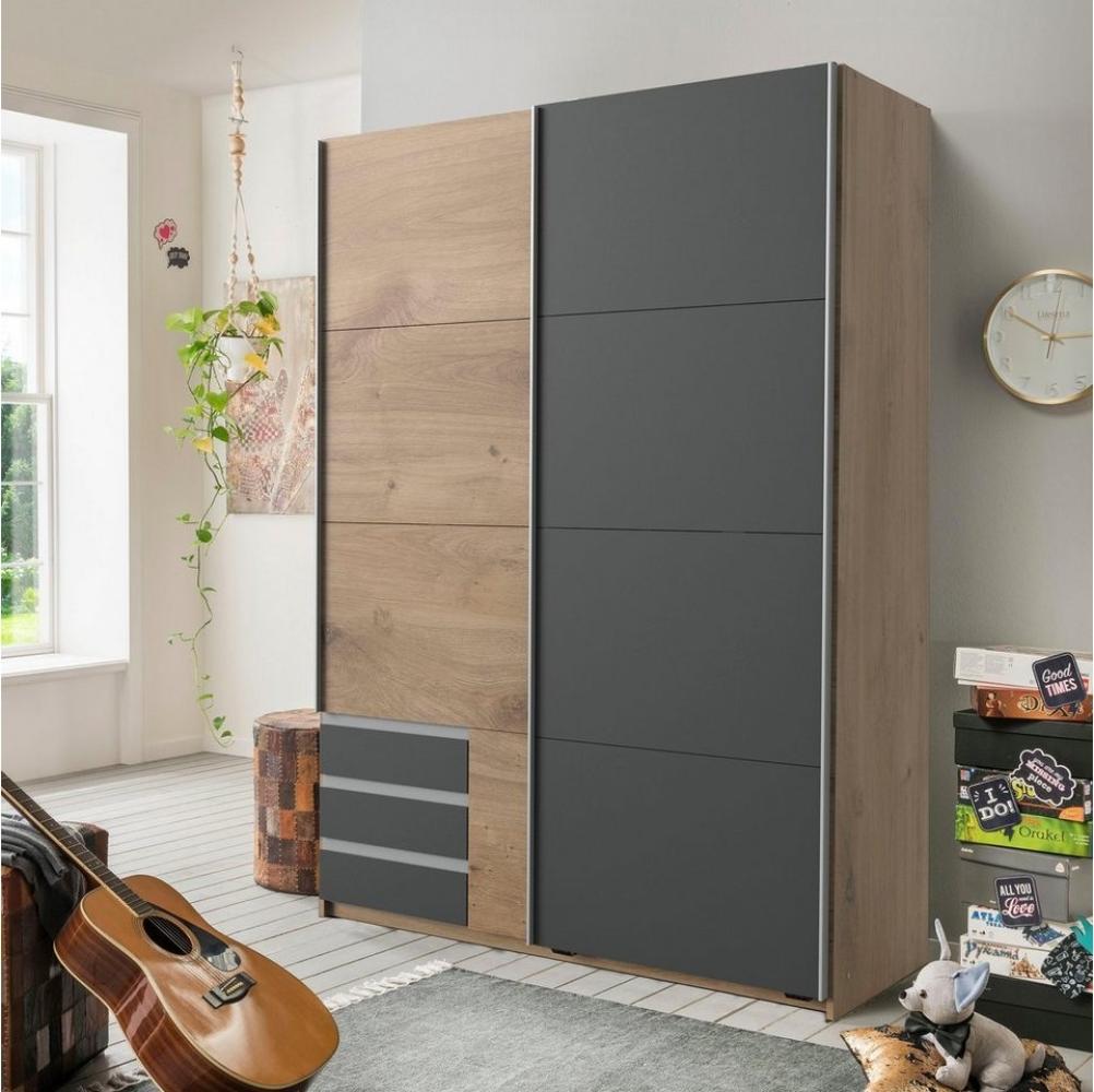 Schwebetürenschrank Emden Kleiderschrank 135x64x198cm plankeneiche graphit Bild 1