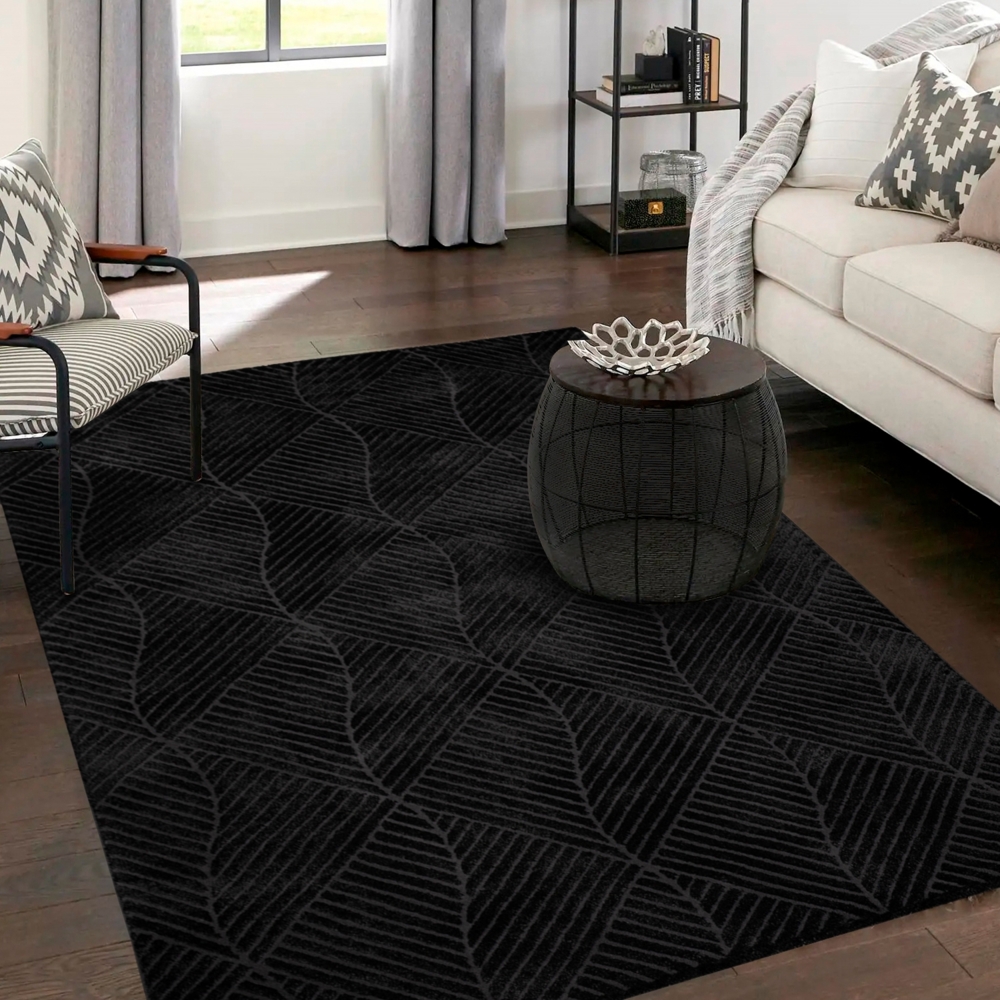 Teppich Wohnzimmer Einfarbig - 120x160cm - Schwarz Grau Uni Geometrisch Wellen Muster Modern Kurzflor Deko Teppiche Weich Schlafzimmer Bild 1