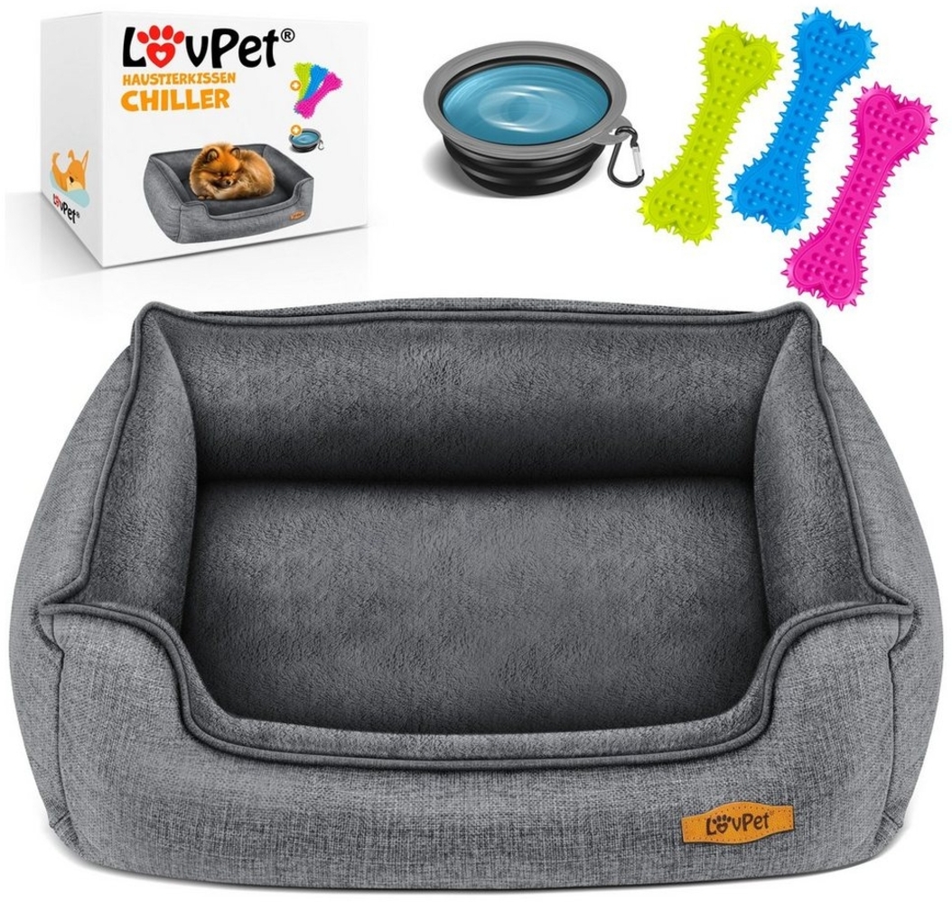 LovPet® Hundebett Hundekissen Hundekorb Chiller, Inkl. Napf + 3X Kauknochen, Hundesofa Kissen für Kleine, Mittelgroße & Große Hunde, Bezug abnehmbar und waschbar Grau, L (90 x 75 x 25 cm) Bild 1