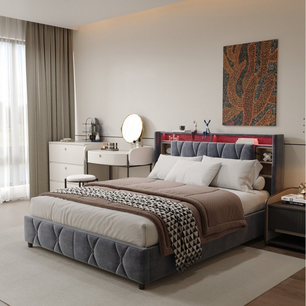 PXloue Stauraumbett Polsterbett LED hydraulisches Doppelbett, mit verstecktem Stauraum und RGB-Beleuchtung, 140x200 cm Bild 1