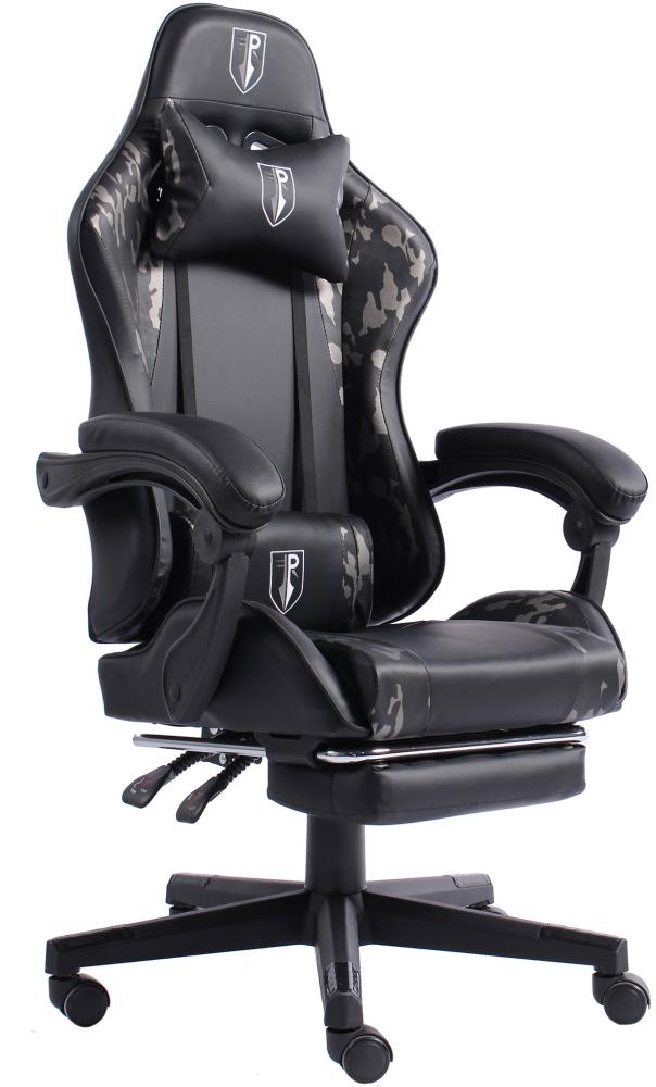 Gaming Chair im Racing-Design mit flexiblen gepolsterten Armlehnen - ergonomischer PC Gaming Stuhl in Lederoptik - Gaming Schreibtischstuhl mit ausziehbarer Fußstütze und extra Stützkissen Schwarz/Military -Grau Bild 1