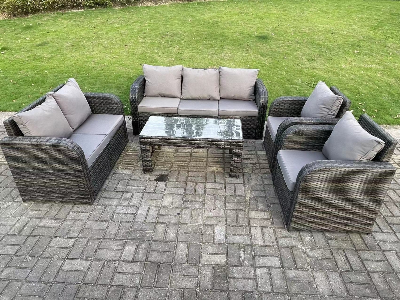 Fimous 7-Sitzer Dunkelgrau PE Wicker Rattan Gartenmöbel Set Liegestuhl Liebe Sitz 3-Sitzer Sofa Set Outdoor Rechteckiger Couchtisch Bild 1