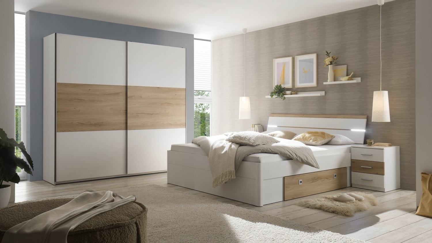 Schlafkontor Schlafzimmer-Set Kiara Kleiderschrank, Bett, Nachtkommoden, Bettschubkästen, (Set), Beleuchtung im Kopfteil, Bett inklusive Bettschubkästen Bild 1