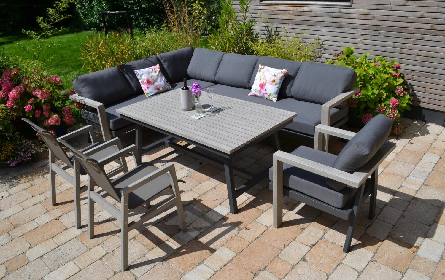 Garten Ecklounge Morgana + 1 Sessel + 2 Stühle Flavium + Tisch 165x100cm Grey - lange Seite rechts Bild 1