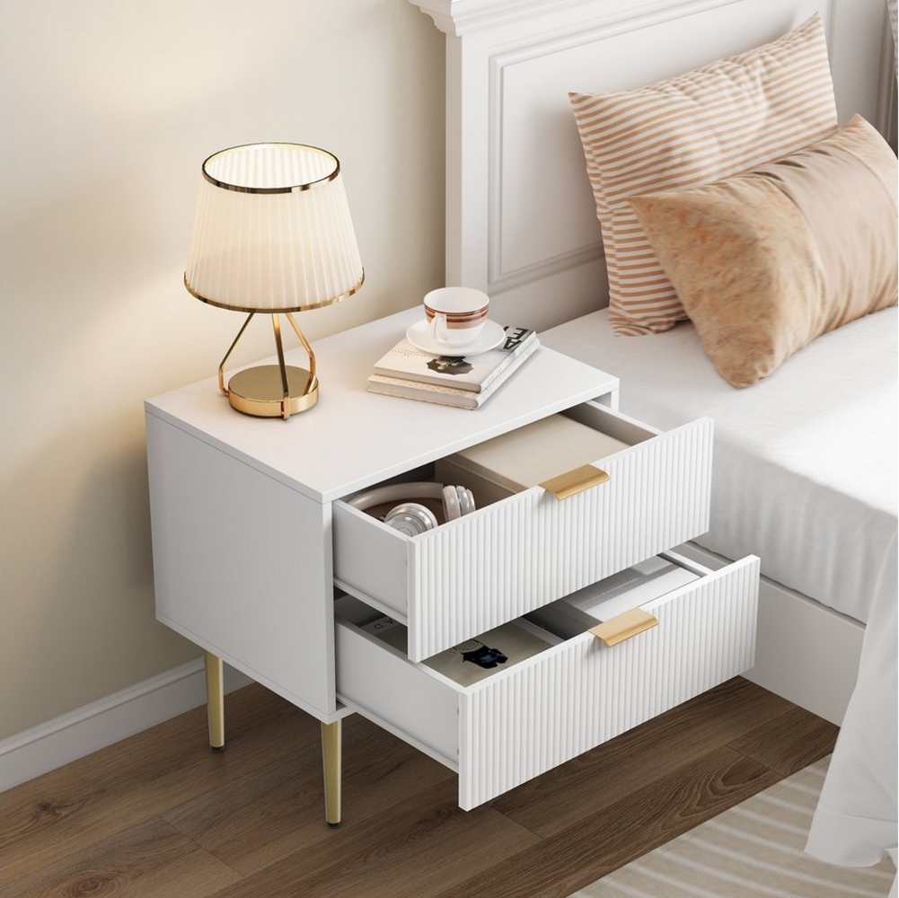 MODFU Nachttisch Kommode,Nightstand,Beistelltisch (Moderner Weißer Nachttisch mit 2 Schubladen und Metallbeinen – Eleganter Nachttisch für Schlafzimmer, robuster Stauraum, einfach zu montieren und zu reinigen, 53 x 41,5) Bild 1