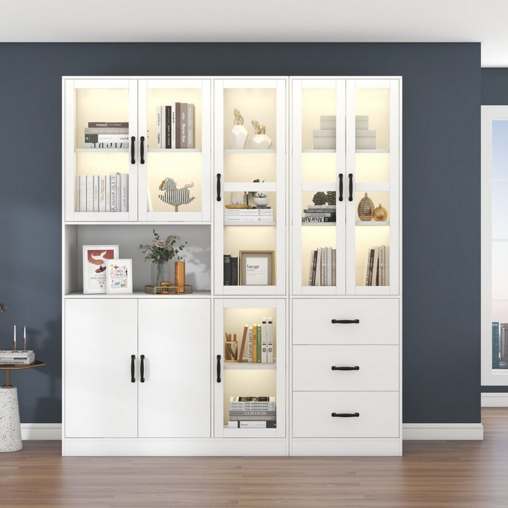 MODFU Standvitrine Modernes weißes Kombivitrinen-Set (Buffet Hochschrank, 200 cm hoch und 180 cm lang, weiße Standvitrine mit LED-Beleuchtung) Bild 1