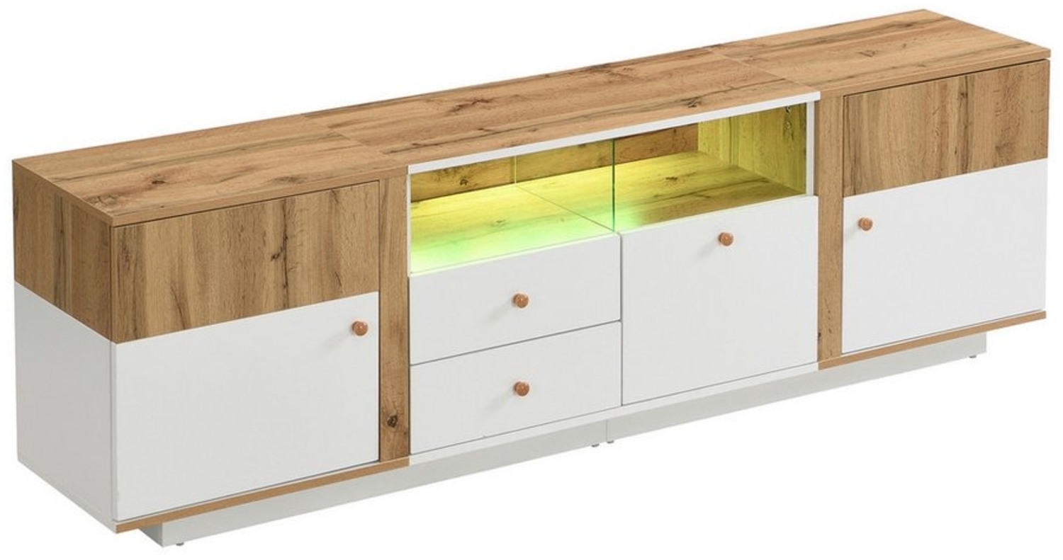 KLAM HOME Lowboard TV-Schrank TV-Tisch Fernsehschrank Kommode weiß 3 Türen/2 Schubladen, mit LED-Lichteffekten Glastrennwand für Fernseher 180 x 35 x 50 Bild 1