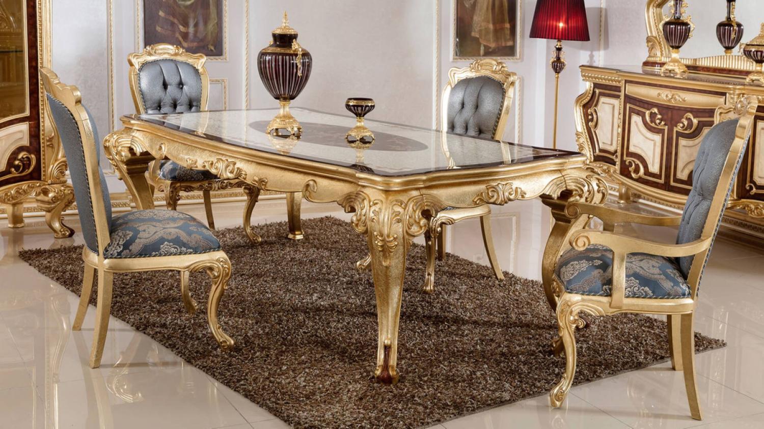 Casa Padrino Luxus Barock Esszimmer Set Blau / Weiß / Braun / Gold - 1 Barock Esstisch & 6 Barock Esszimmerstühle - Barock Esszimmer Möbel - Luxus Möbel im Barockstil - Edel & Prunkvoll Bild 1