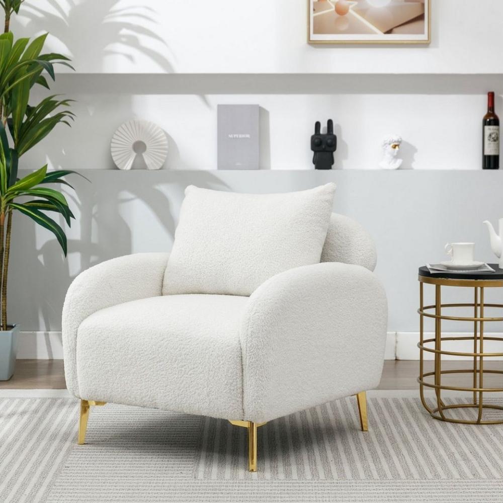 Merax Sessel mit goldenen Metallbeine und Rückenkissen, Loungesessel Teddystoff,Einzel Loungesofa,Relaxsessel Bild 1