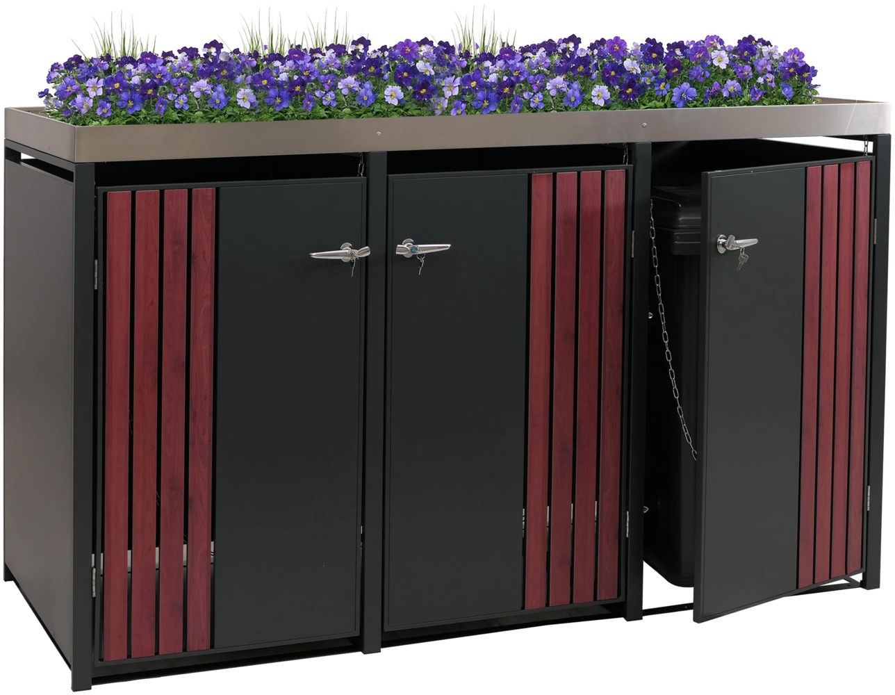 3er-Mülltonnenverkleidung HWC-O67, Mülltonnenbox mit Pflanzkasten, Metall 125x196x84cm 75kg ~ anthrazit Holzoptik dunkel Bild 1