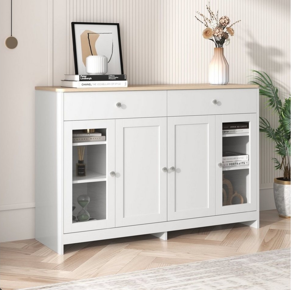 Odikalo Sideboard Schließfach Anrichte, Holzmaserung 4 Türen 2 Schubladen Glastür Weiß Bild 1