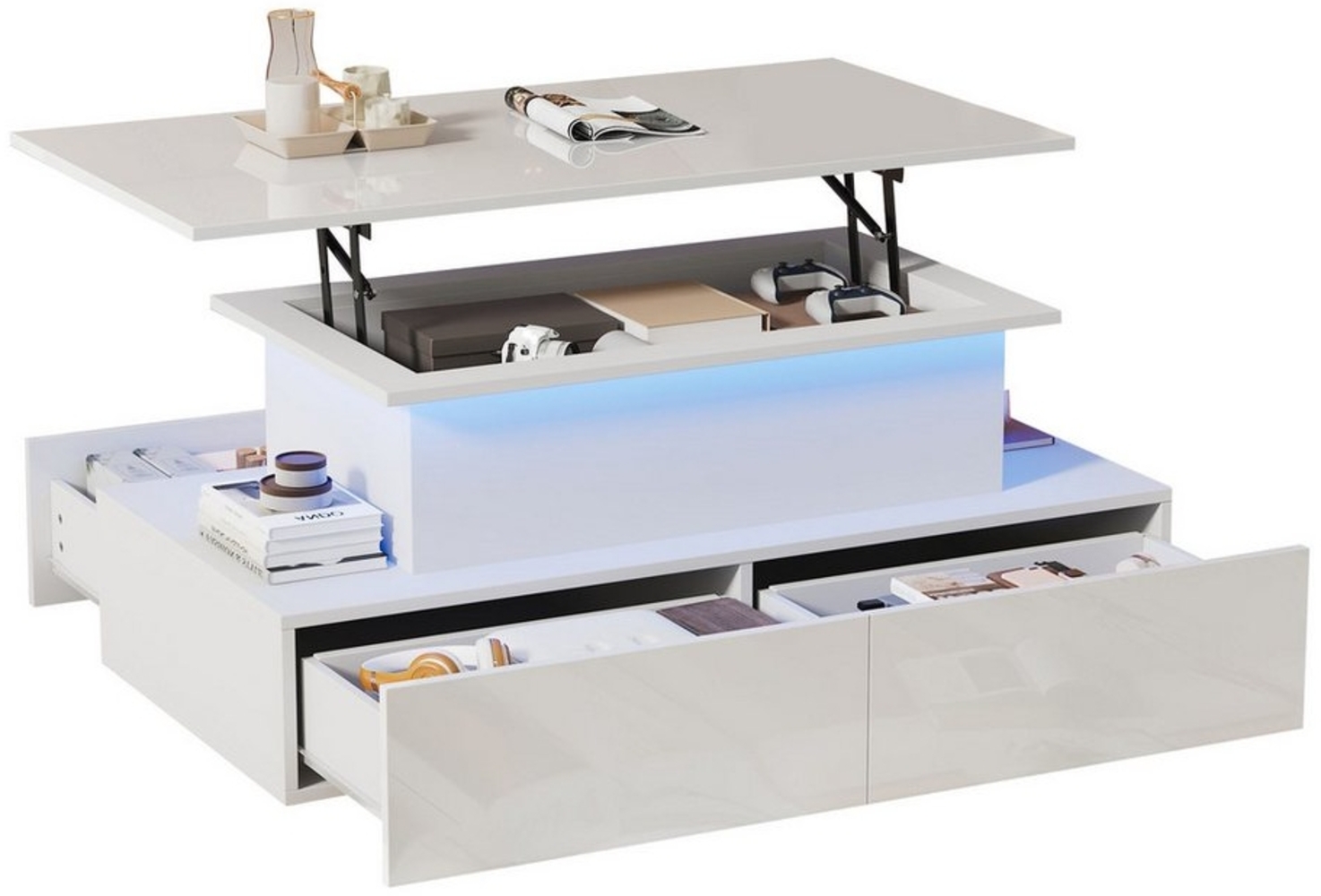 Merax Couchtisch hochglanz Sofatisch Beistelltisch mit LED und hydraulischer Lift (Lift-Teetisch, 90x55x41cm), Wohnzimmertisch mit 4 Schubladen und Stauraum inkl. Fernbedienung Bild 1