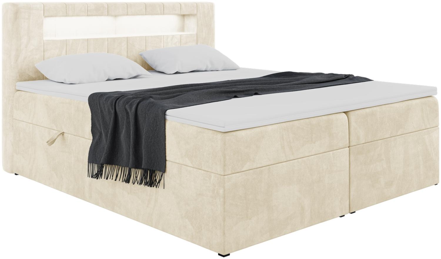 MEBLINI Boxspringbett ASPIN 140x200 cm mit Bettkasten und LED - H4/Beige Samt Polsterbett - Doppelbett mit Topper & Taschenfederkern-Matratze Bild 1