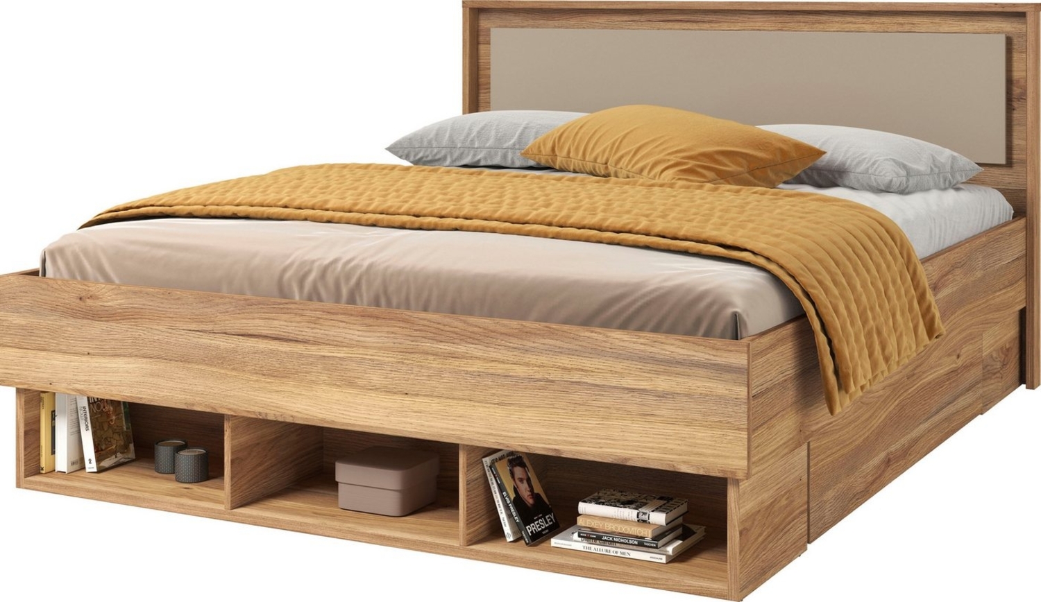 Home affaire Bettgestell Wharton, 140, 160 oder 180cm Breite, Made in Europe (mit oder ohne Stauraumschubladen), Doppelbett mit offenen Regalen, FSC-zertifizierter Holzwerkstoff Bild 1