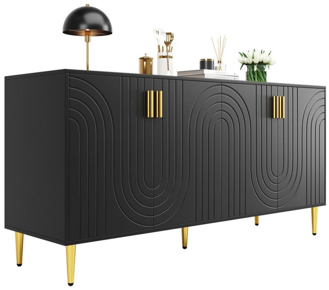 Tongtong Sideboard modernes Sideboard mit 4 Türen und 4 Fächern, 152 x 40 x 75 cm, mit einzigartigem Wellendesign und goldenen Füßen, Schwarz Bild 1