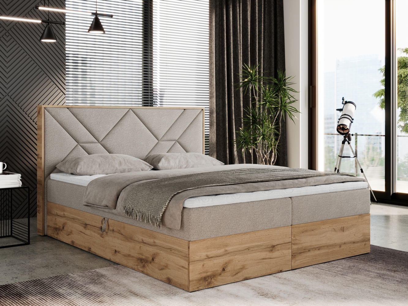 Boxspringbett mit Kopfteil und Topper, Polsterbett - GUNAR - 140 x 200 cm - Beige Stoff - H3 - Topper T25 Bild 1