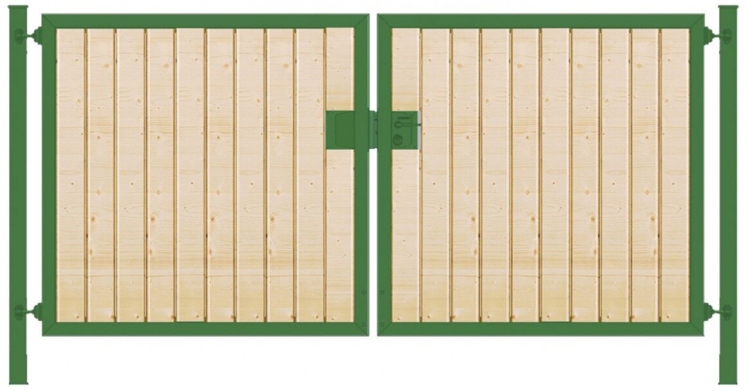 Elektrisches Einfahrtstor Premium-Line (2-flügelig) mit Holzfüllung senkrecht symmetrisch grün B: 400 cm H: 140 cm Bild 1