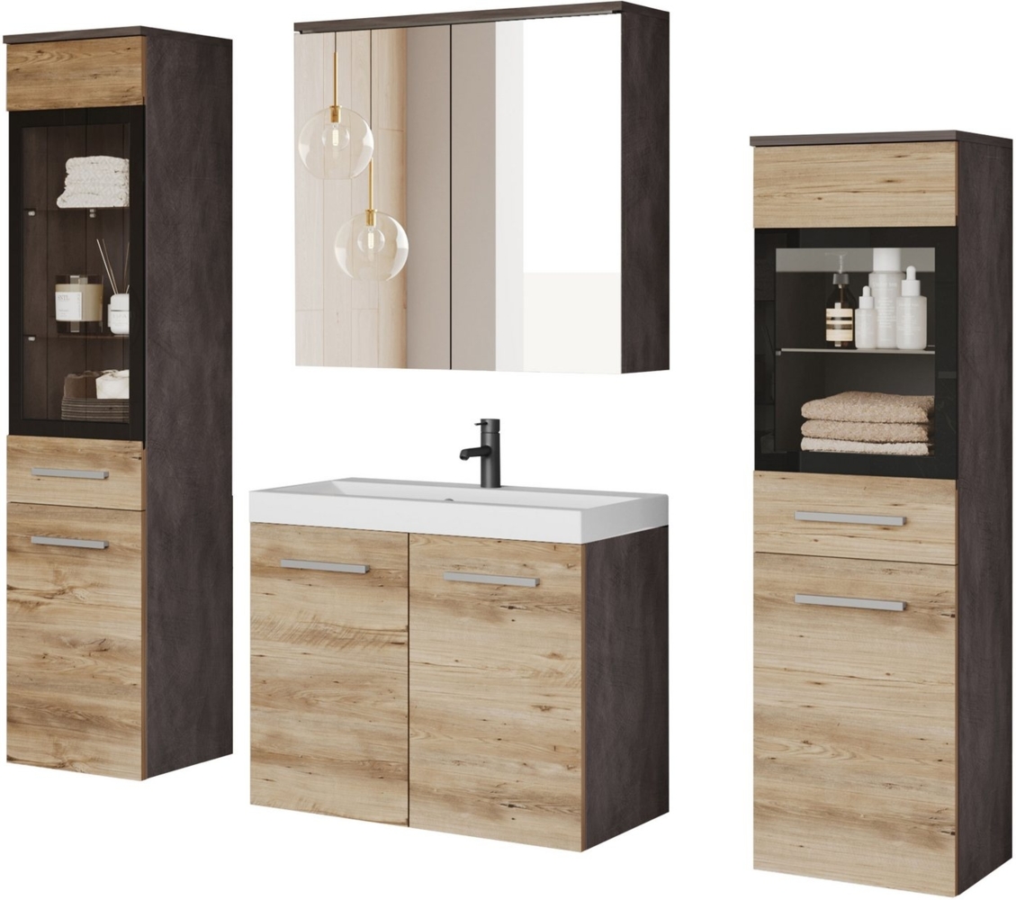 welltime Badmöbel-Set MADRIT II, Schrank mit Waschbecken, 2 Hänger, Spiegelschrank, (Komplett-Set, 5-St), Hängende Badmöbel mit Glaseinsätzen – in vielen Farben erhältlich Bild 1