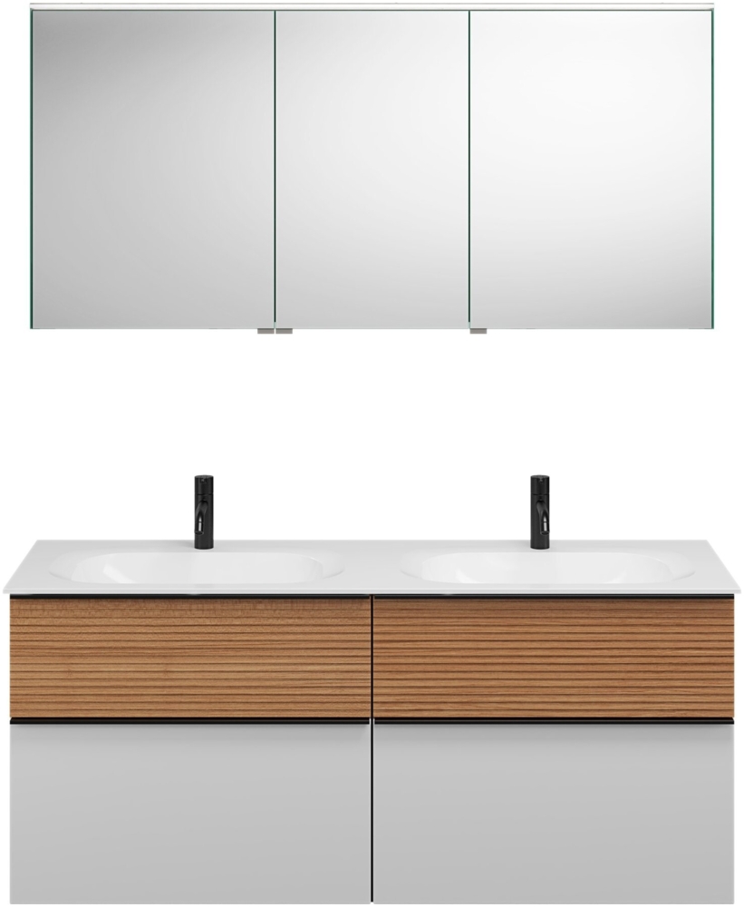 Burgbad FIUMO Waschtisch Set mit Spiegelschrank 142 cm breit, Braun/Weiß, Doppelwaschbecken Gussmarmor Weiß, 4 Schubladen, Anschlag rechts Bild 1