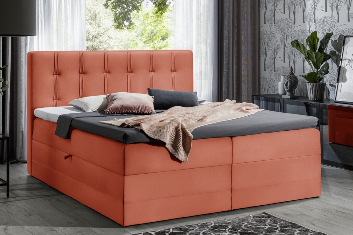 99rooms Hugo Boxspringbett Velours MONOLITH 200x200 cm Korallenrot Bild 1