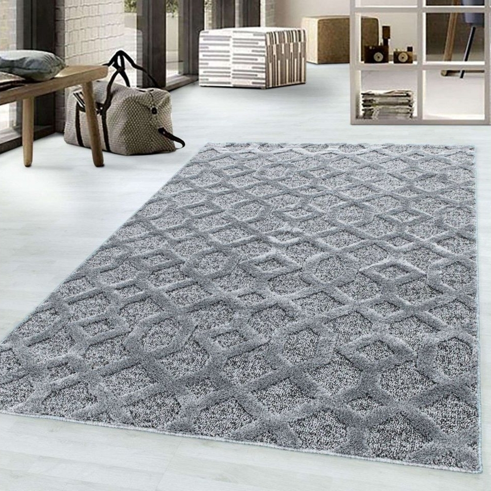 TaraCarpet Designteppich Designerteppich Tokio hoch-tief Struktur Gitter grau, rechteckig, Höhe: 20 mm, moderner scandi boho Gitter grau Wohnzimmer Schlafzimmer Flur 080x150 Bild 1