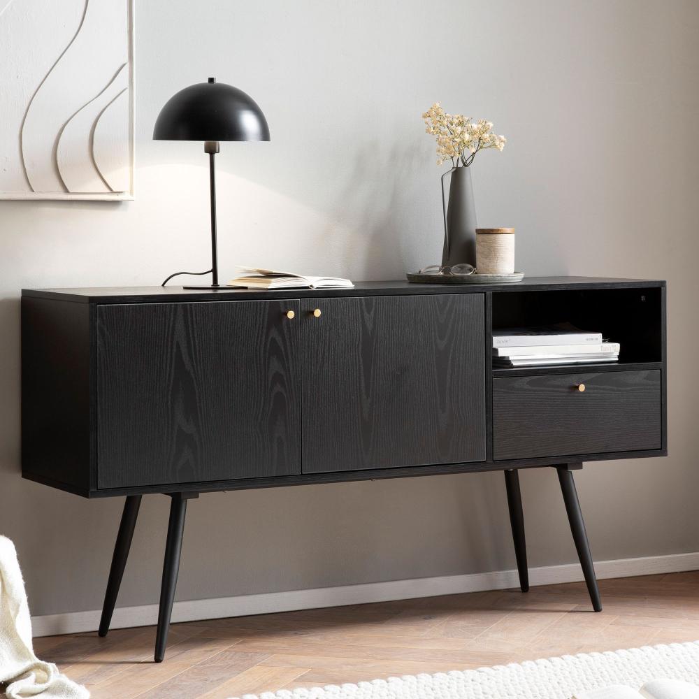 FineBuy Sideboard 140x75x40 cm Kommode Schwarz mit Eiche-Dekor Zeitlos, Hoher Kommodenschrank, Standschrank Wohnzimmer mit 2 Türen und Schublade, Anrichte mit offenem Fach Schwarz Bild 1