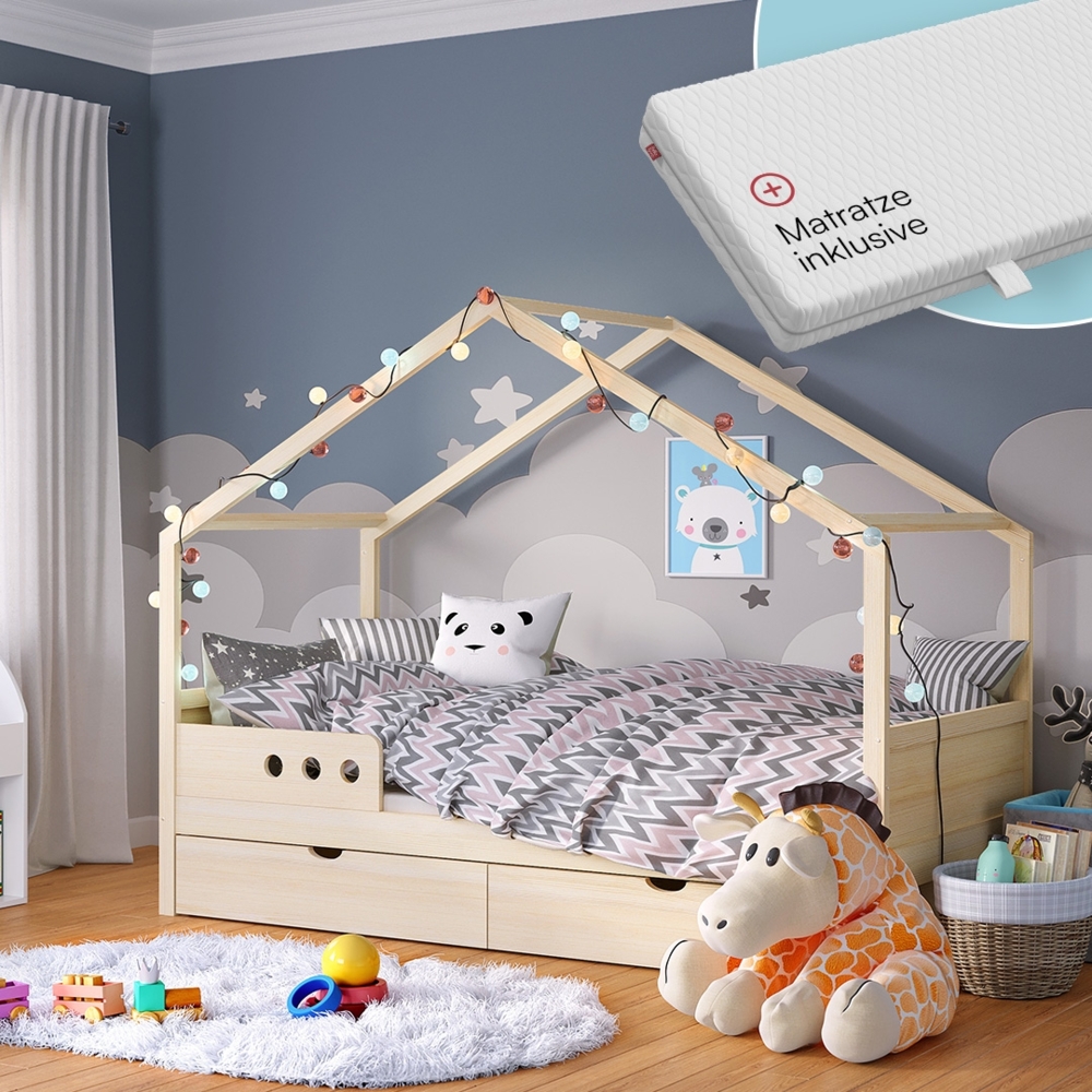 Bellabino 'Bela' Hausbett 90x200 cm mit Matratze und großer Schublade, natur, Kiefer Massivholz, Montessori Kinderbett mit Stauraum, inkl. Rausfallschutz und Lattenrost Bild 1