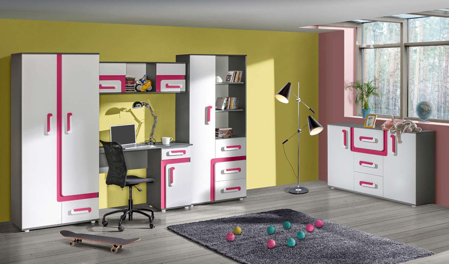 99rooms Avino Kinderzimmer-Set I Weiß Anthrazit Rosa Bild 1