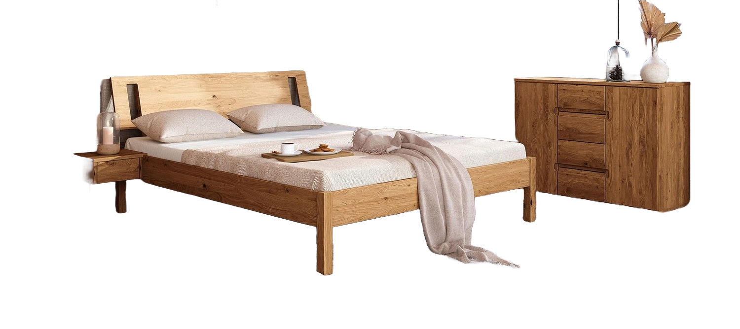 Bett Bento 8 aus Wildeiche massiv 80x200 cm mit Holzkopfteil und Holzbeinen Bild 1