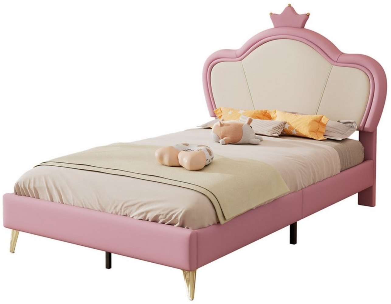 MODFU Prinzessinbett Kinderbett,Polsterbett, Einzelbett (Kinderbett, mit Krone und weichen Schutzkanten, Elegantes Polsterbett für Kinder – 90x200 cm), ohne Matratze Bild 1