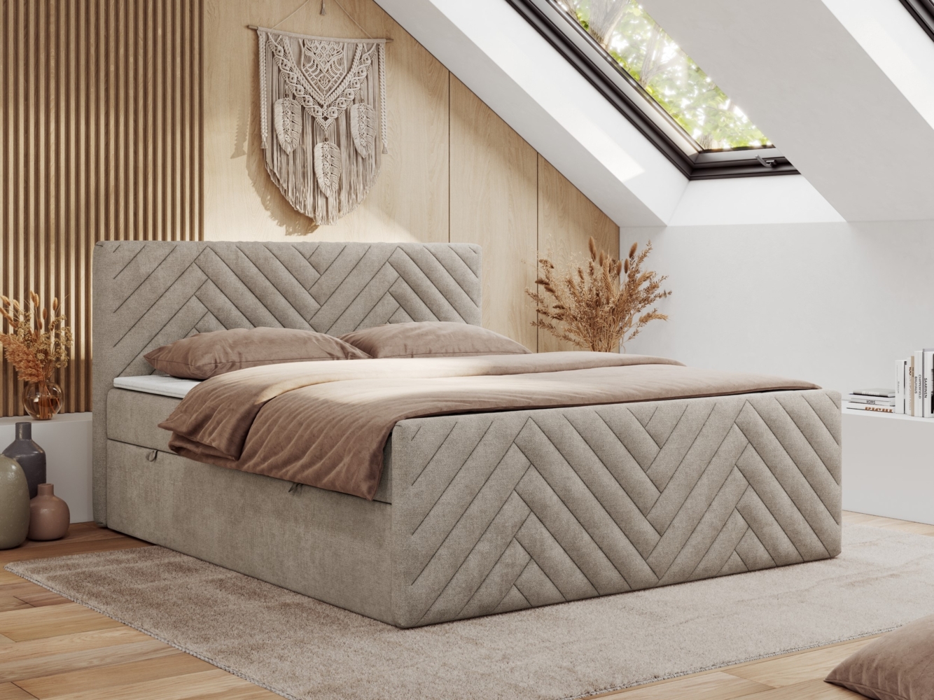 Boxspringbett mit zwei Bettkästen, 7 Härtezonen Multipocket-Matratzen, dekoratives Kopfteil und Front, Doppelbett - PARIS DUO - 200 x 200 cm - Beige Stoff - H4 Bild 1