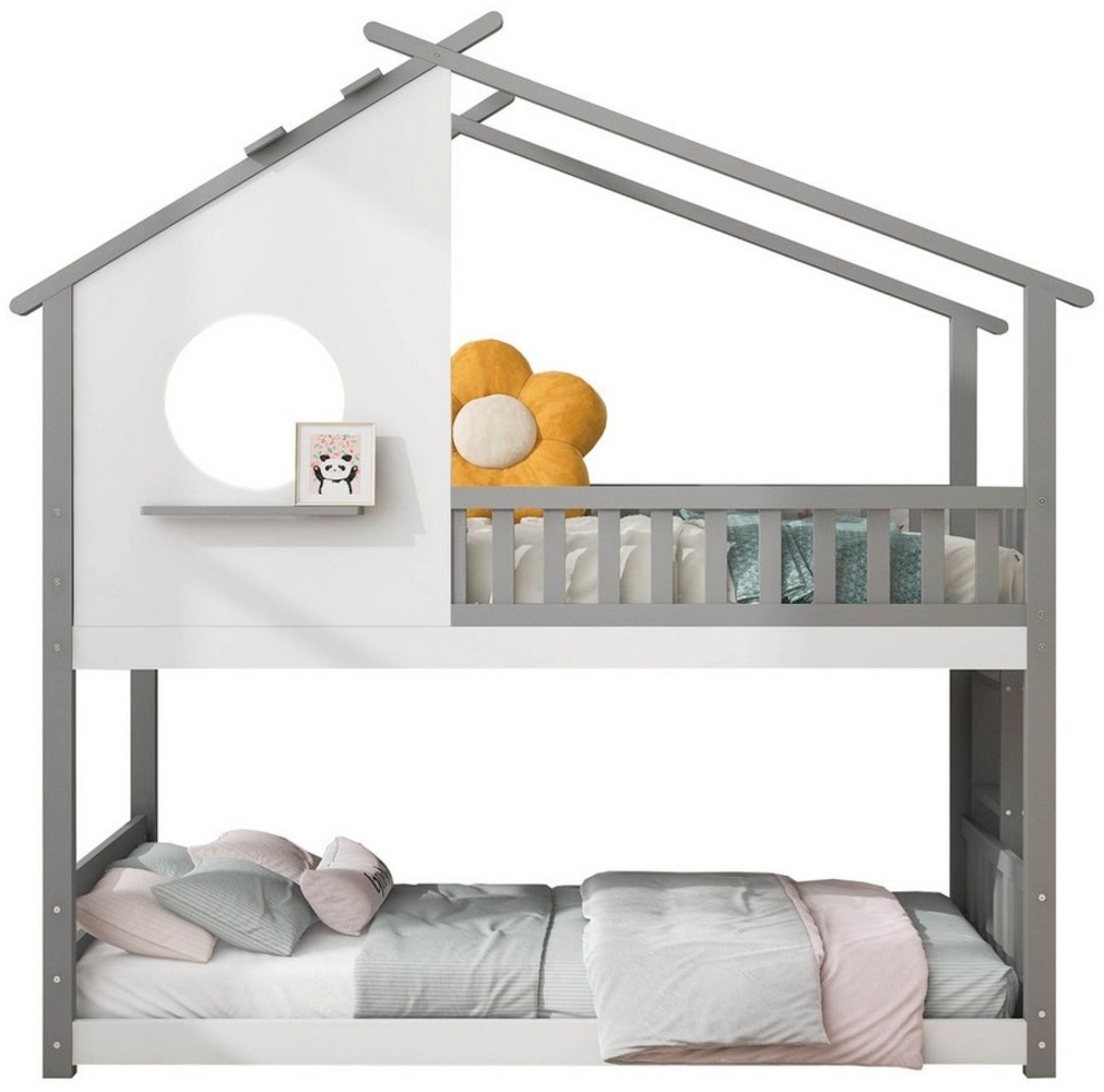 MODFU Etagenbett Einzelbett Hausbett Kinderbett Bett (90x200cm), Etagenbett mit rechtwinkliger Leiter, Ohne Matratze), mit Fallschutz und Barriere, Rahmen aus Kiefernholz Bild 1