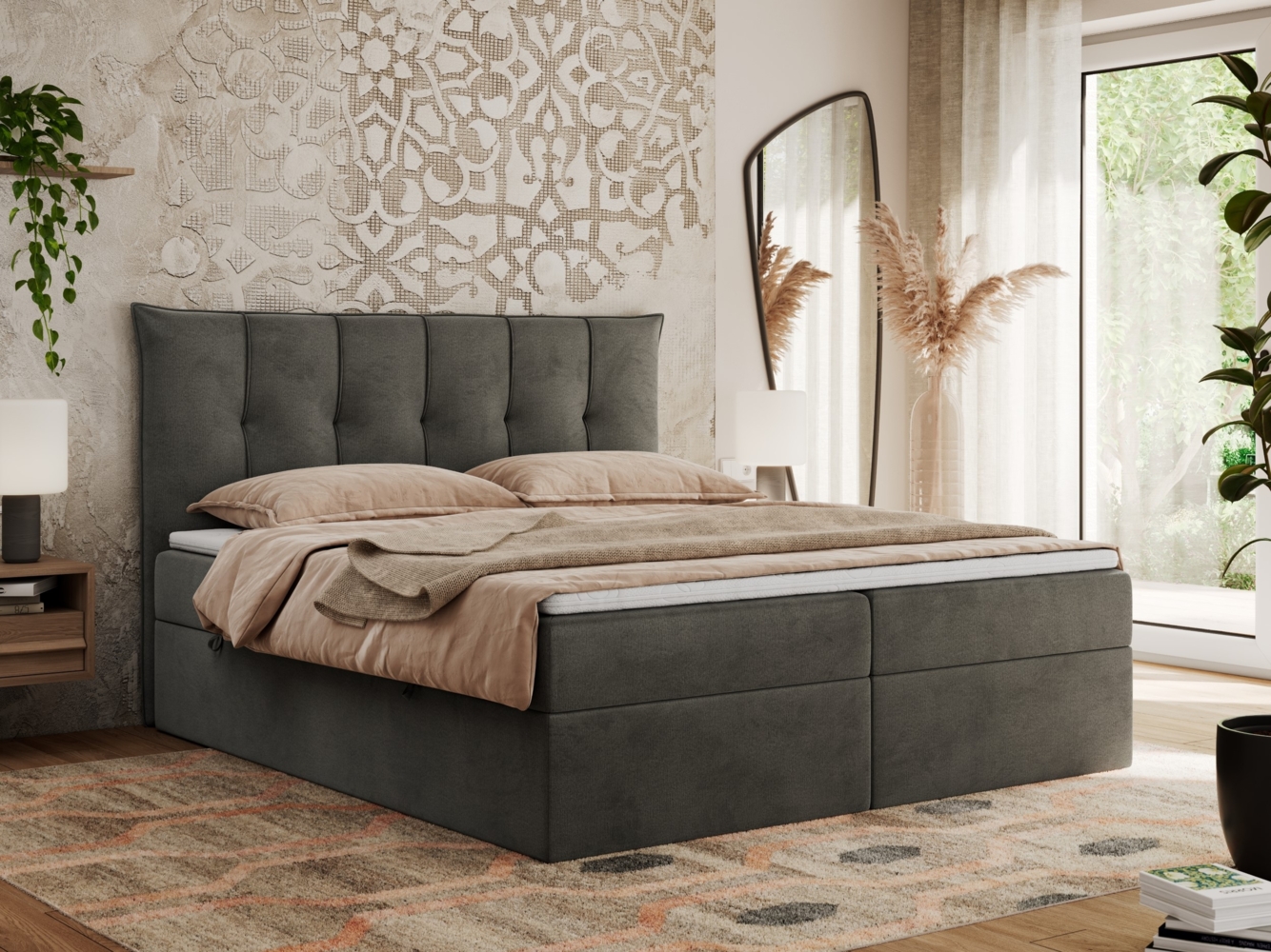 Boxspringbett, Polsterbett mit Bettkasten - PREMIUM-10 - 180x200cm - Dunkelgrau Velours - H3 Bild 1