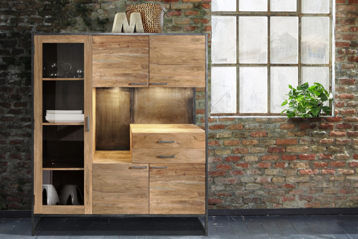 Highboard 139 x 160 x 40 cm Akazienholz massiv stonefarben SYDNEY 72234536 Bild 1