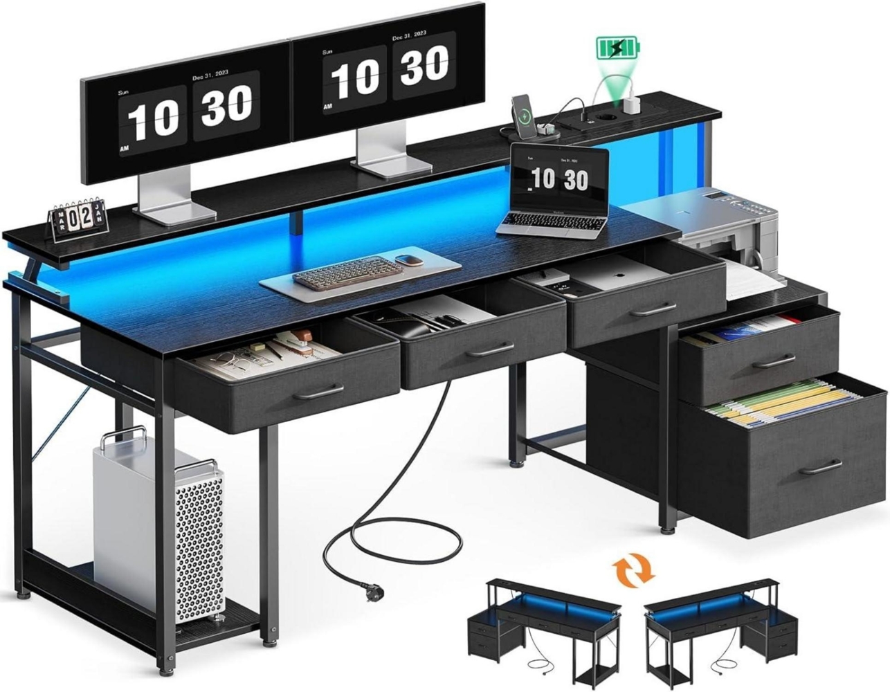 Gaming Schreibtisch mit 5 Schubladen und LED-Leuchten 160x48cm Schwarz Bild 1