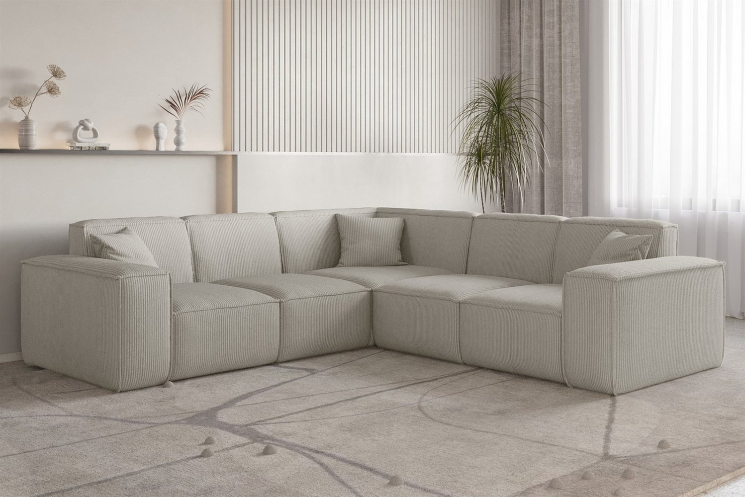 Ecksofa Designersofa CELES PREMIUM in Stoff Scala Sandgrau Seite Universal Bild 1