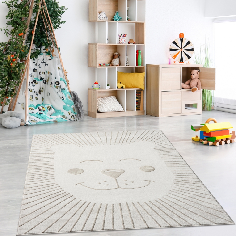 Teppich Kinderzimmer Läufer - 80x150cm - Pastell Beige Creme - Kurzflor Spielteppich mit niedlichem Löwen Motiv Bild 1