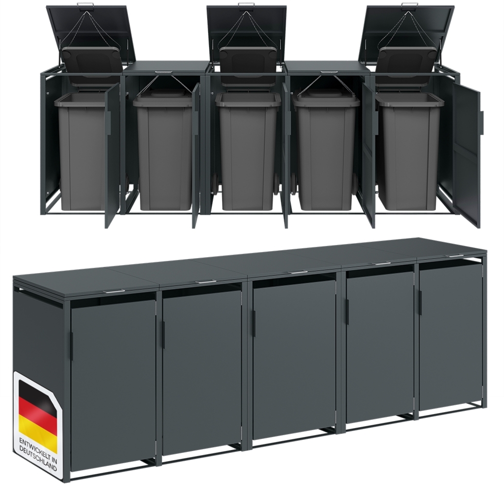 STEELSØN 'Thoria' Mülltonnenbox für 5 Tonnen je 240 Liter, anthrazit, Mülltonnenverkleidung aus Stahl, wetterfest, 116x80x337 cm Bild 1