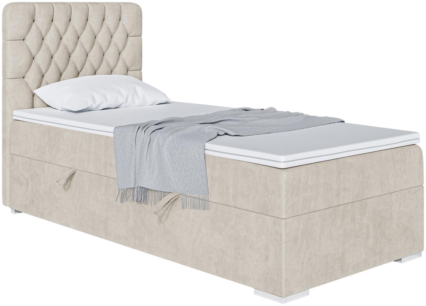 MEBLINI Boxspringbett DALIA 90x200 cm mit Bettkasten - H4/Creme Samt Gepolstert Einzelbett mit Topper & Taschenfederkern-Matratze - 90x200 Rechts Bild 1