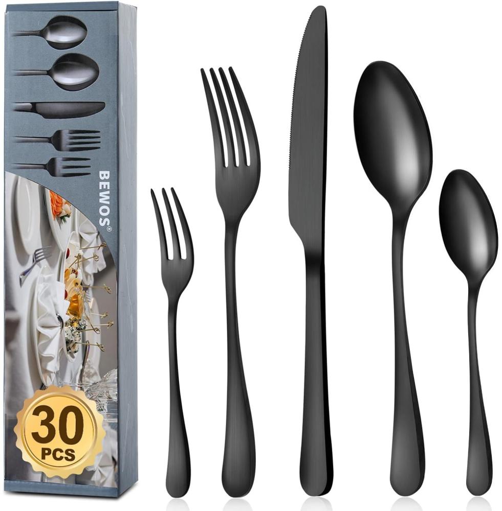 Besteck Set für 6 Personen 30 teilig Schwarz Matt Essbesteck Set inkl Messer Bild 1