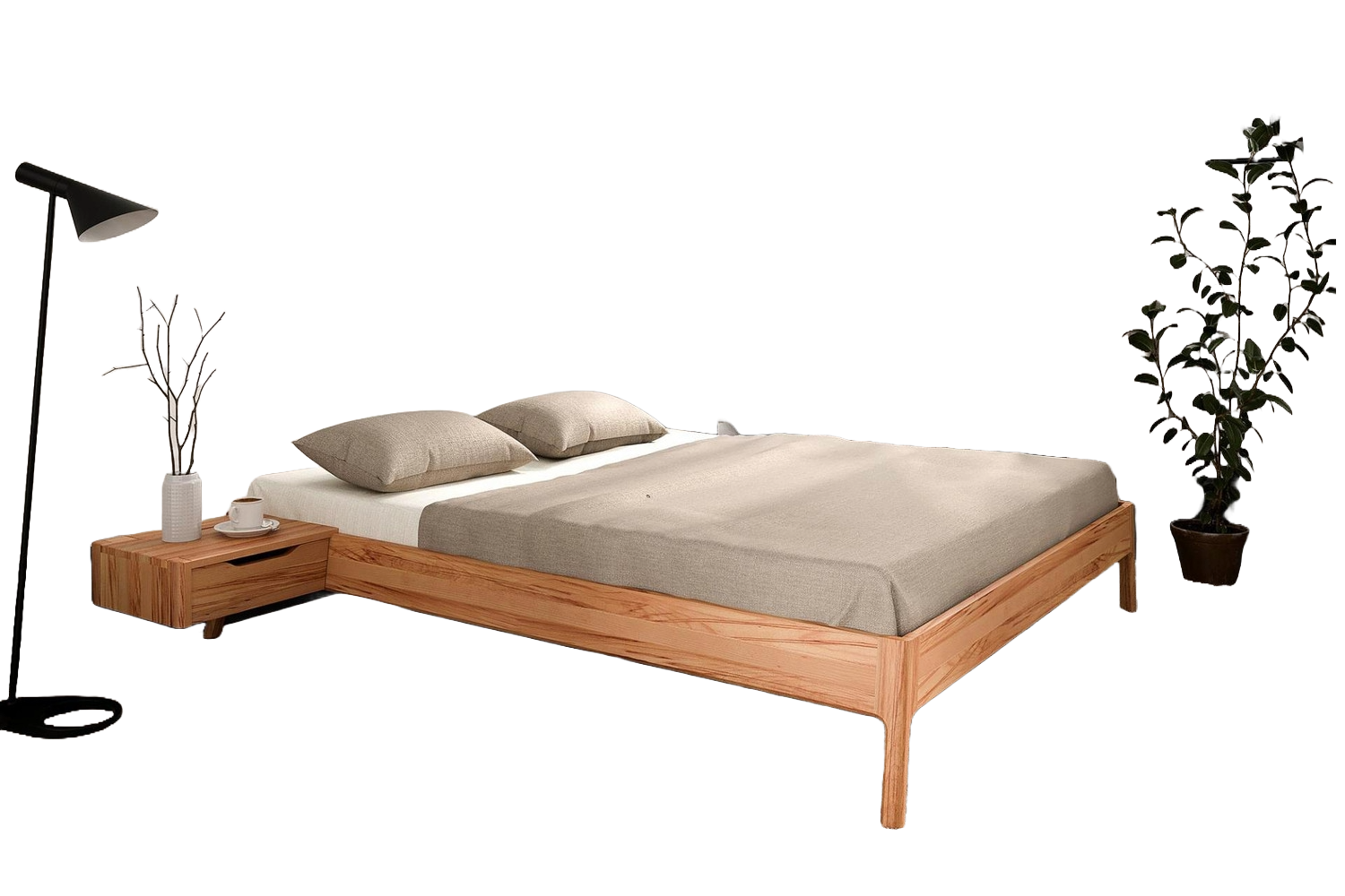 Bett Swig 2 Sonderlänge 200x220 Kernbuche massiv Polsterkopfteil Beige Holzbeine Bild 1